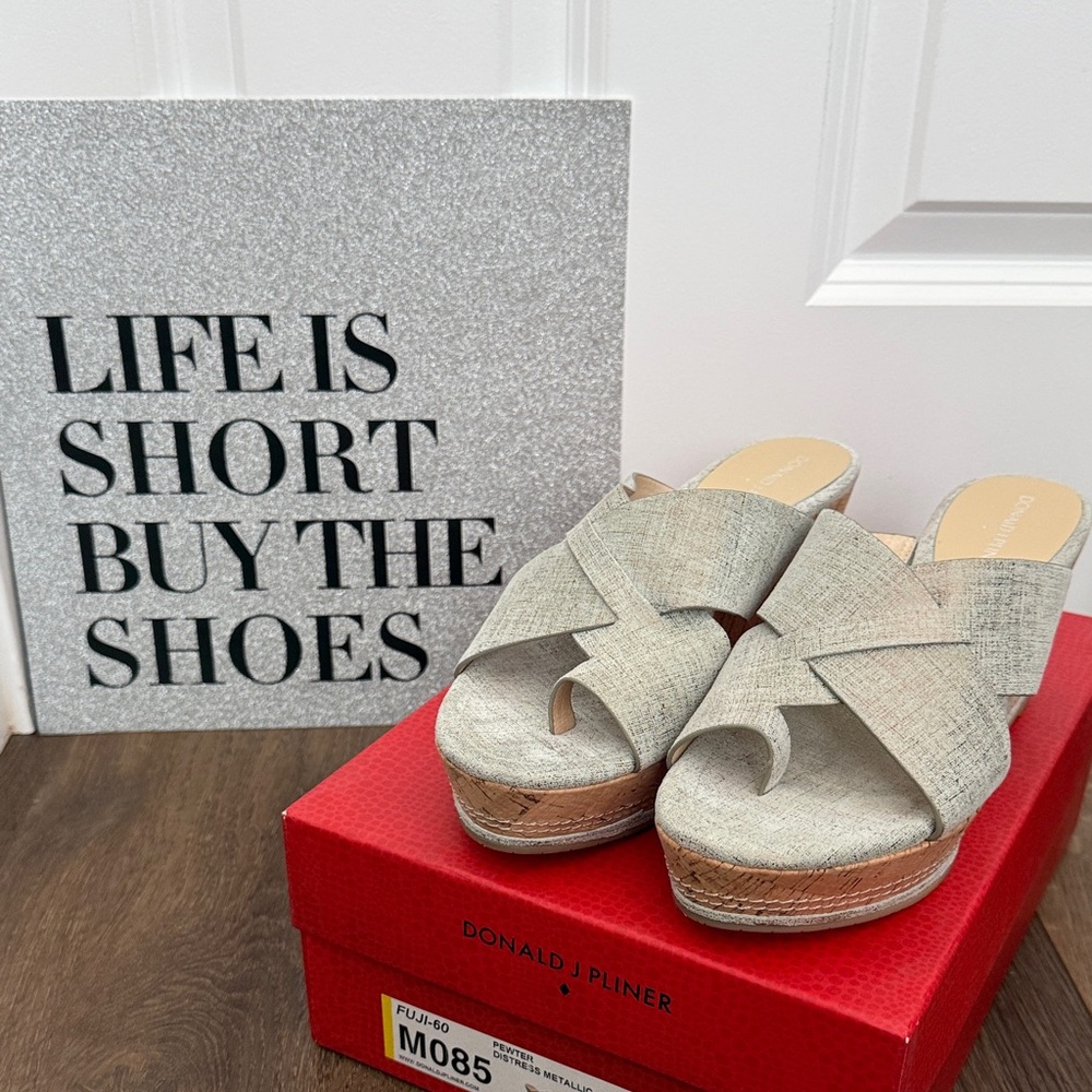 Donald J. Pliner Light Beige Linen Crisscross Wedge Sandals